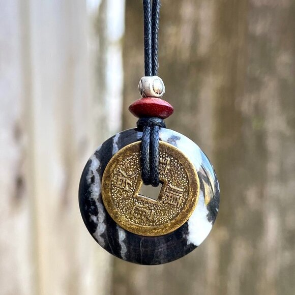 Zebra Jasper and Lucky Coin Pendant - Picture 2 of 5